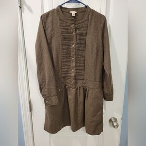 J Crew Dropped Waist Long Sleeved Dress, 100% Wool, Size 8